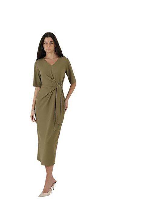 Women Bodycon Dress Workwear | Slim Fit V-Neck Short Sleeve Solid Faux Wrap Sheath Design