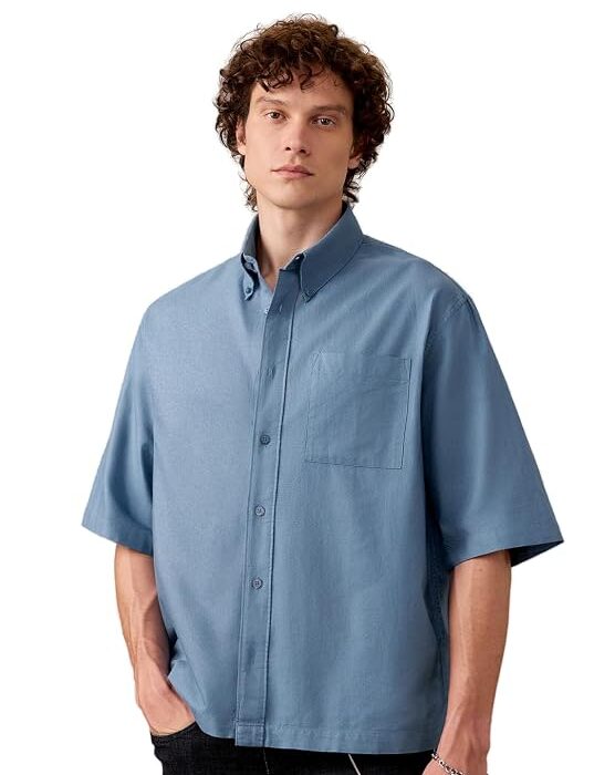 Men and Boys Short Sleeve Button Down Collared Neck Solid Cotton Oversized Fit Lightweight Everyday Casual Streetwear Shirt