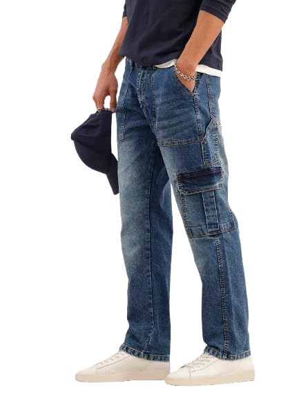 Men's Cotton Stretch Cargo Jeans | Solid | Straight Fit