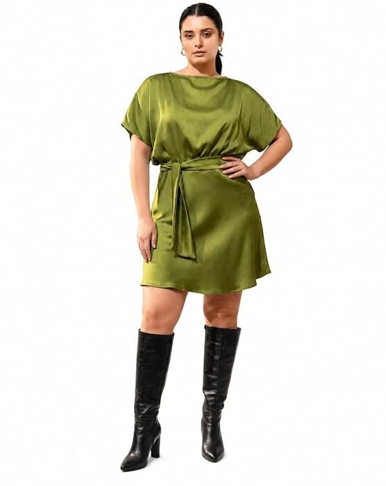 Women's Fit & Flared Mini Short Sleeve Cowl Neck Solid Dress