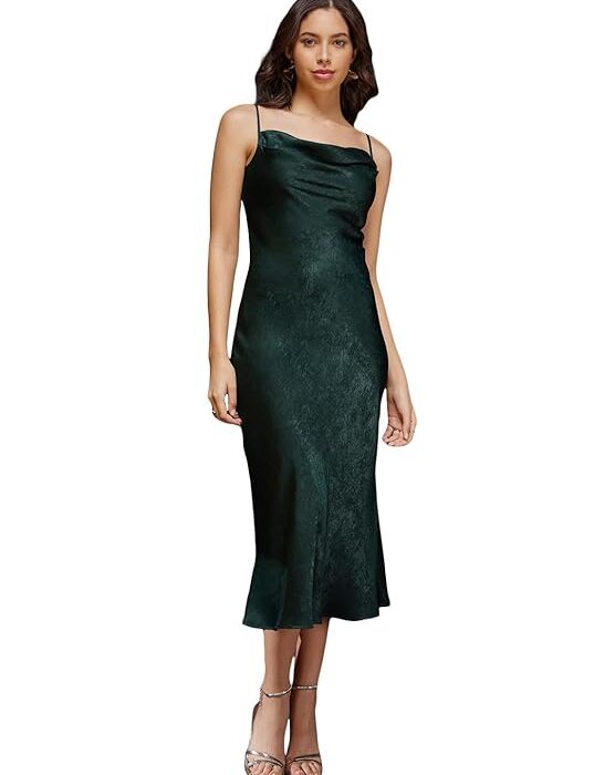 FableStreet Satin Cowl Neck Slip Dress - Olive