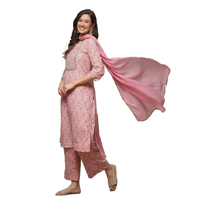 Women Cotton Blend Straight Kurta Palazzo Suit Set