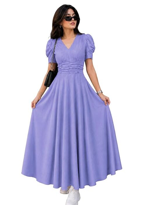 Preneum Girl's & Women's Solid Color V-Neck A-Line Maxi Dress for Women