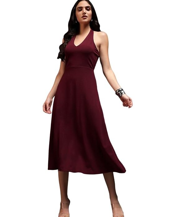 Women's Fit and Flare Midi Dress | V Neck Tie-Back Halter Style