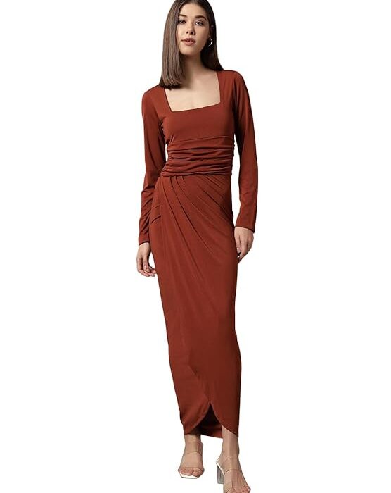 Trend Arrest.ed Women's Bodycon Midi Dress | Square Neck Wrap Style | Stretchable | Full Sleeve Fitted Dress for Party, Evening, Casual Outings & Date Night