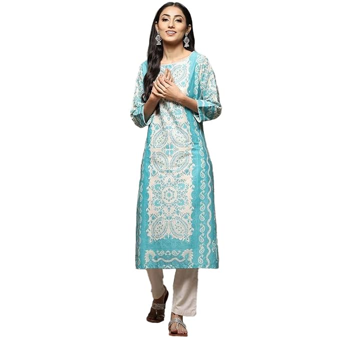 Women Cotton Regular Fit Straight Printed Kurta