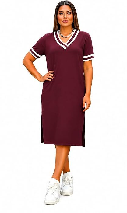Zurity Women's V-Neck Sporty T-Shirt Dress | Stylish Striped Sleeve One Piece for Women