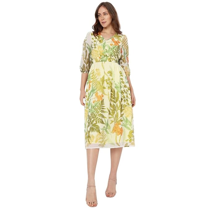 Printed Polyester V Neck Women's Midi Dress