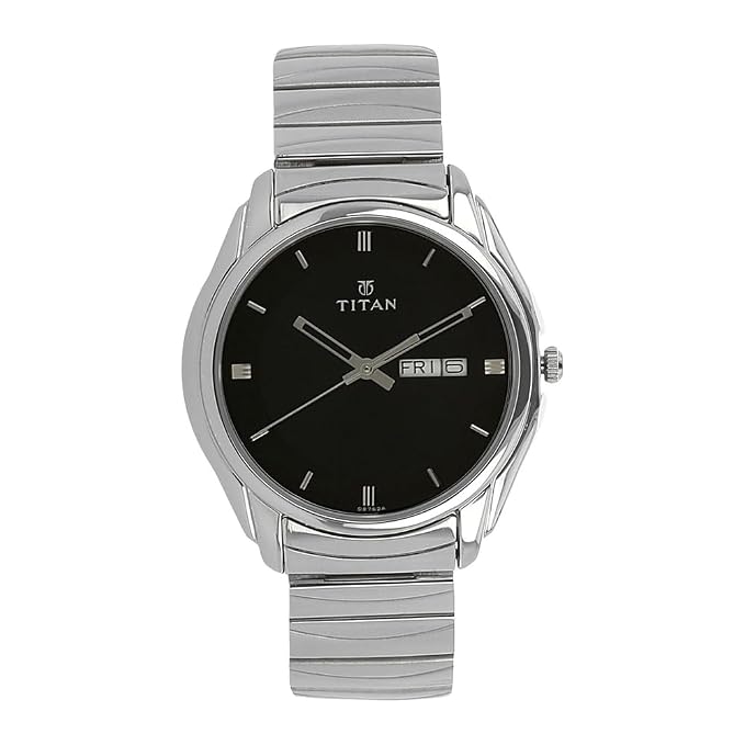 Karishma Quartz Analog with Day and Date Black Dial Silver Stainless Steel Strap Watch