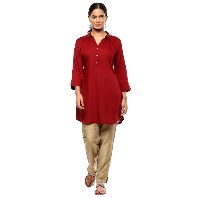 Women Rayon Regular Fit Solid Shirt Collar Straight Short Kurti