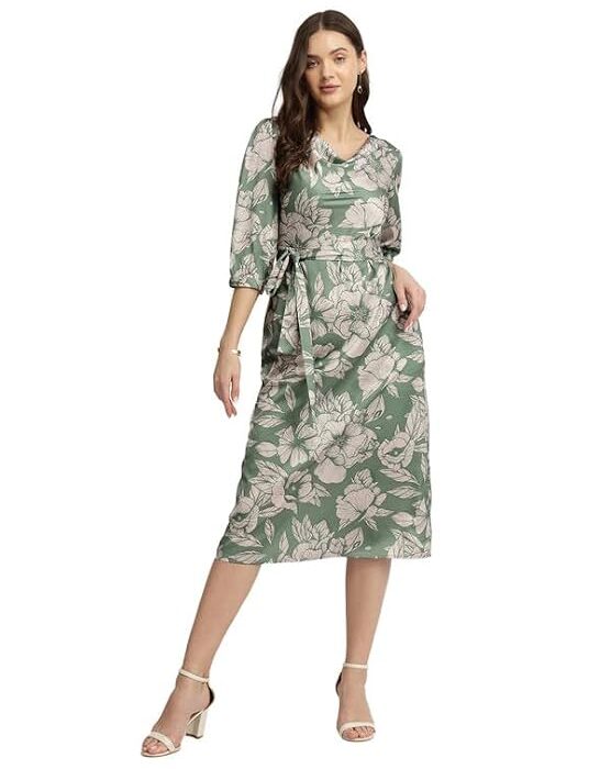 Satin Floral Midi Dress - Sage Green
