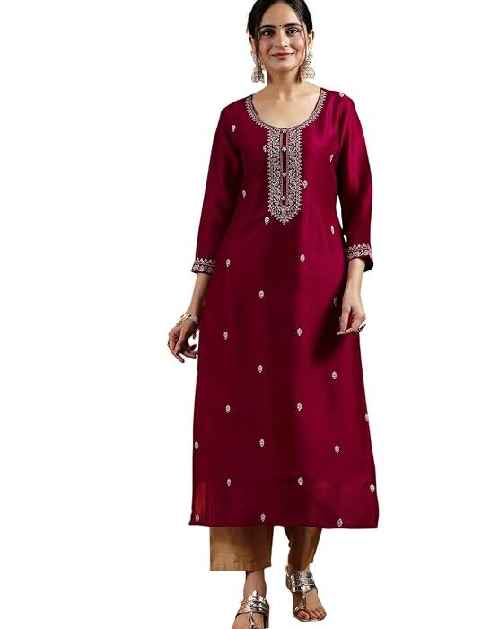 Women's Silk Embroidered Straight Fit Kurta