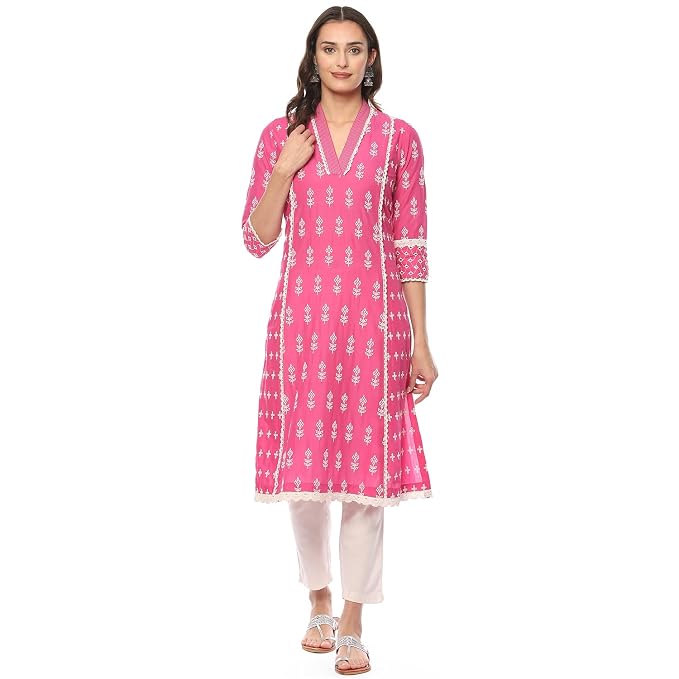 Women Cotton Regular Fit Straight Embroidered Kurta
