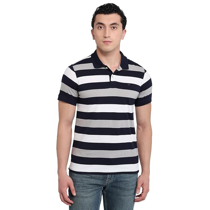 Men Modern Fit Stripe Pattern Pure Cotton Polo Neck Half Sleeve Casual T-Shirt