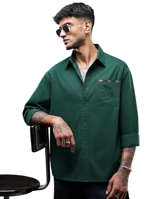 he Ambitious Men and Boys Long Sleeve Spread Collar Dark Green Embroidered Cotton Relaxed Fit Casual Shirt