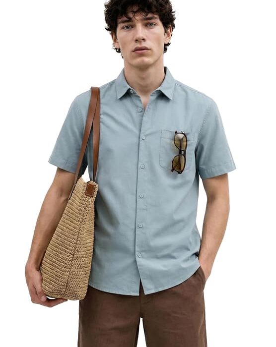 Men's Cotton Linen Blend Shirt | Point Collar | Short Sleeves | Regular Fit