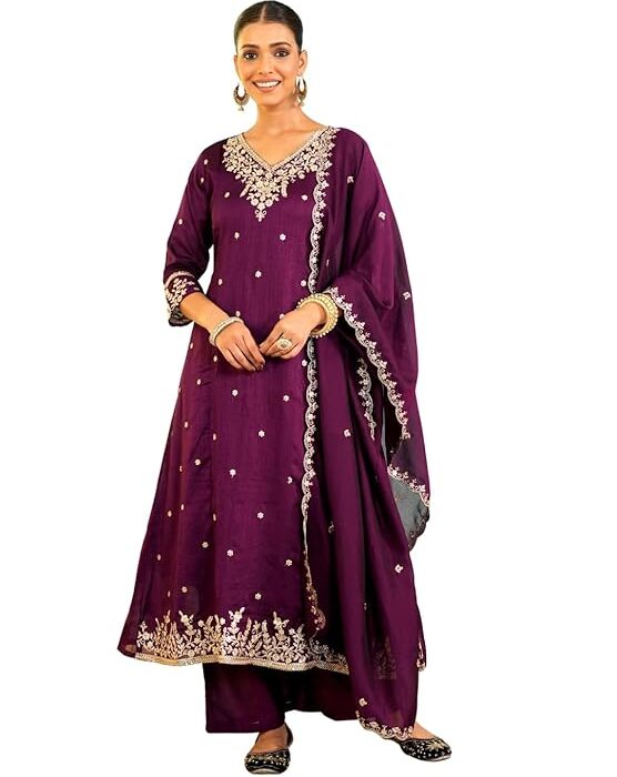 Naixa Women's Vichitra Silk Embroidered A-Line Kurta with Pant and Dupatta Sets