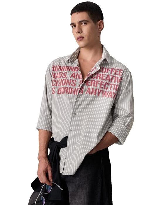 Stencil Men and Boys Long Sleeve Spread Collar Button Down Grey Graphic Printed Cotton Casual Relaxed Fit Shirt