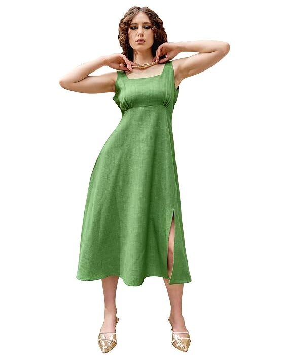 PURVAJA Women’s Maxi Solid Linen Dress