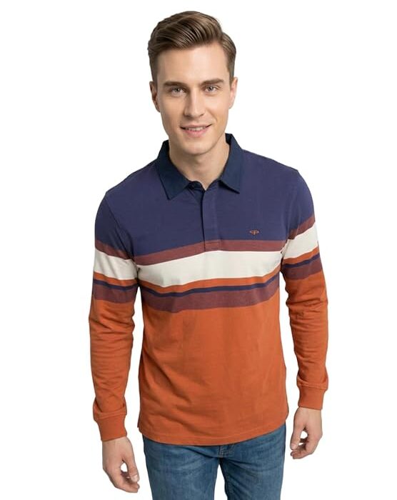 Men Regular Fit Structure Pattern Pure Cotton Polo Neck Full Sleeve Casual T-Shirt