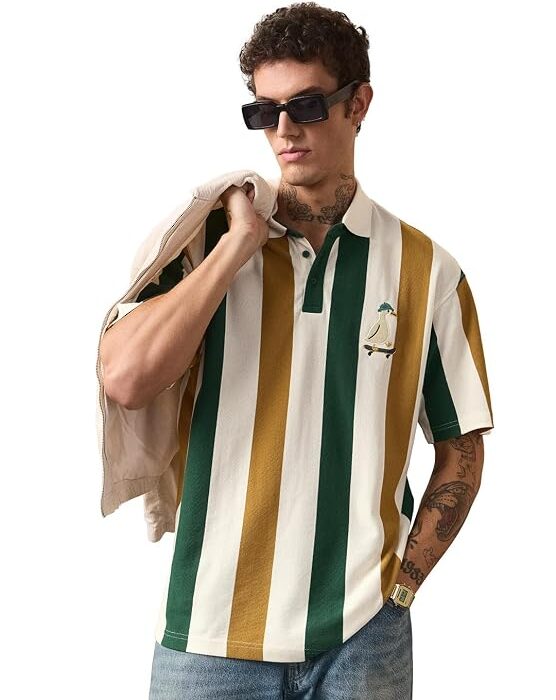 Cedar Men and Boys Short Sleeves Polo Neck Off White Striped Cotton Blend Lightweight Drop Shoulder Trendy Breathable Casual Streetwear Polos