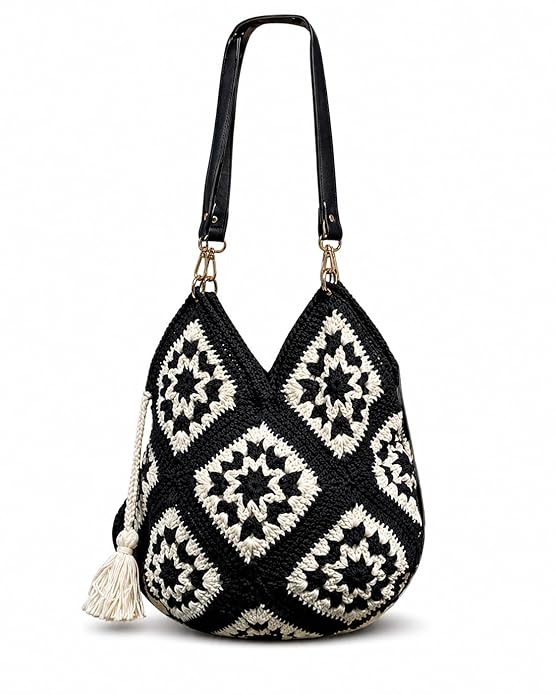 Black & White Crochet Tote Bag for Women