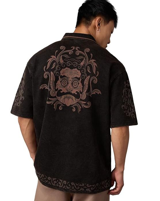 Bommai Men and Boys Short Sleeve Collared Neck Brown Graphic Printed Vintage Fade Cotton Heavy Gauge Streetwear Casual Breathable Oversized Polos
