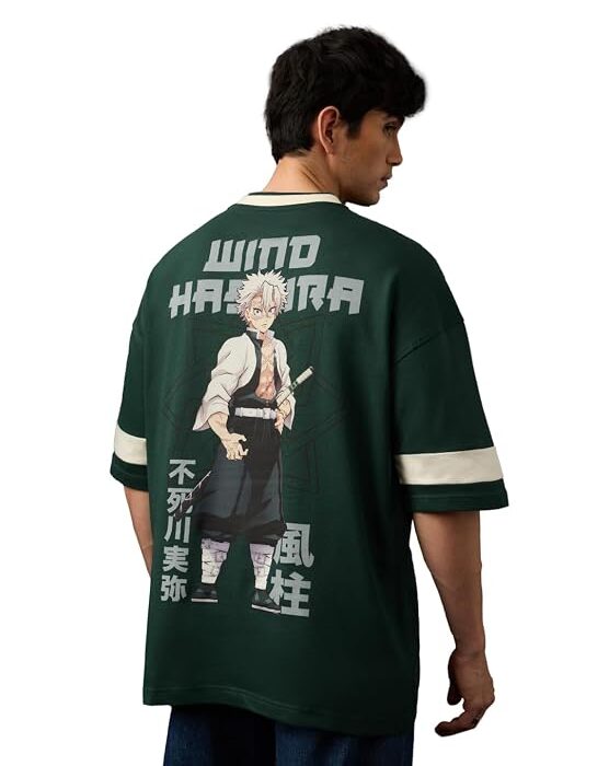Sanemi Men and Boys Short Sleeves V Neck Dark Green Anime Graphic Printed Cotton Oversized Breathable Lightweight Drop Shoulder Streetwear T-Shirts