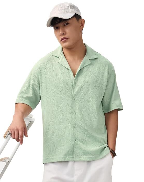 Seafoam Men and Boys Short Sleeves Cuban Collar Mint Textured Cotton Blend Drop Shoulder Lightweight Breathable All Season Casual Resort Wear Oversized Shirt