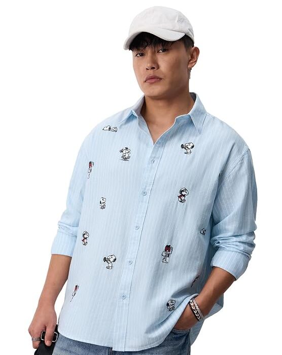 Adventure Men and Boys Long Sleeves Spread Collar Light Blue Embroidered Cotton Relaxed Fit Lightweight Everyday Button Down Casual Shirts