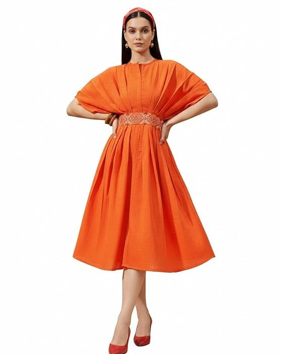 PURVAJA Women's Fit and Flared Knee Length Half Sleeve Round Neck Solid Dress