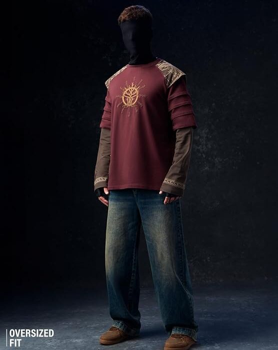 Longship Men and Boys Short Sleeve Rpund Neck Brown Embroidered Cotton Oversized