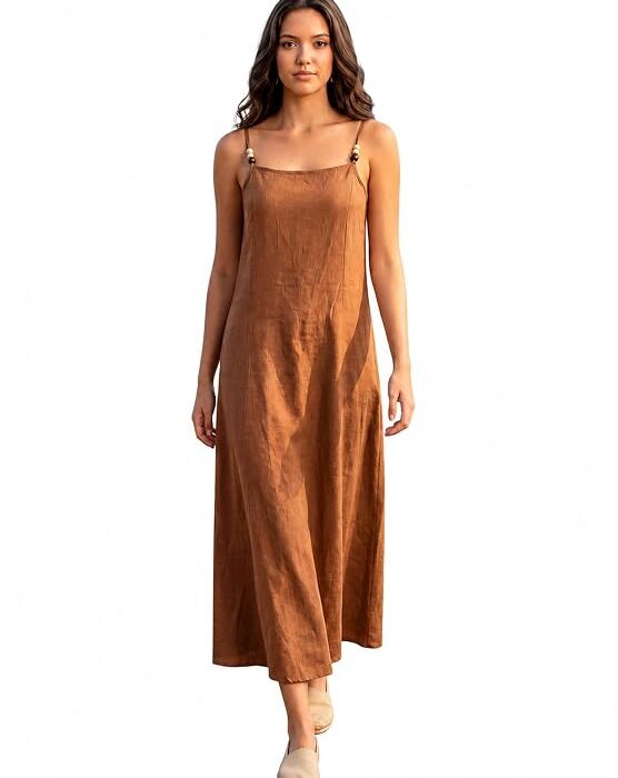 PURVAJA Women's Fit & Flared Midi Sleeveless Square Solid Dress
