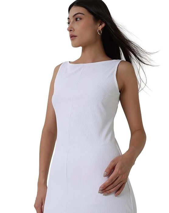 Women Formal Dress | Elegant Sheath Fit Midi Length Boat Neck Sleeveless Solid Pattern