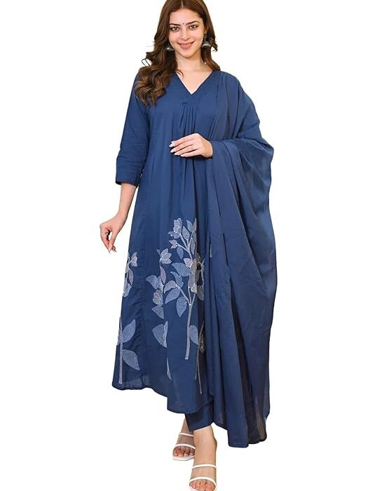 Nermosa Women Solid A-line Kurta and Pant set With Dupatta