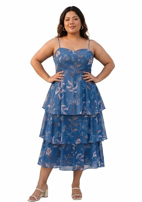 Women’s Fit & Flare Midi Length Sleeveless Sweetheart Neck Printed Dress