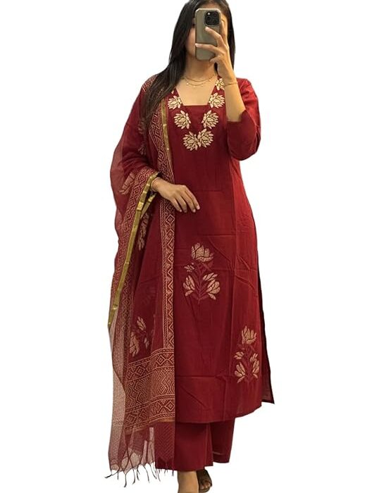 ANNI Designer Women's Rayon Viscose Straight fit Printed Embroidered Kurta with Pant & Dupatta