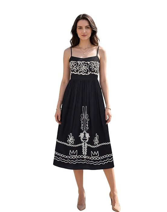 PURVAJA Women's Fit & Flared Midi Sleeveless Square Solid Dress