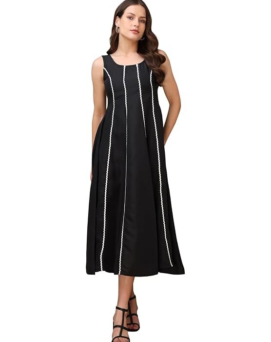 PURVAJA Women’s Round Neck Flared Cotton Blend Dress