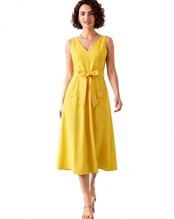 PURVAJA Women's Fit & Flared Midi Length Sleeveless V-Neck Solid Dress