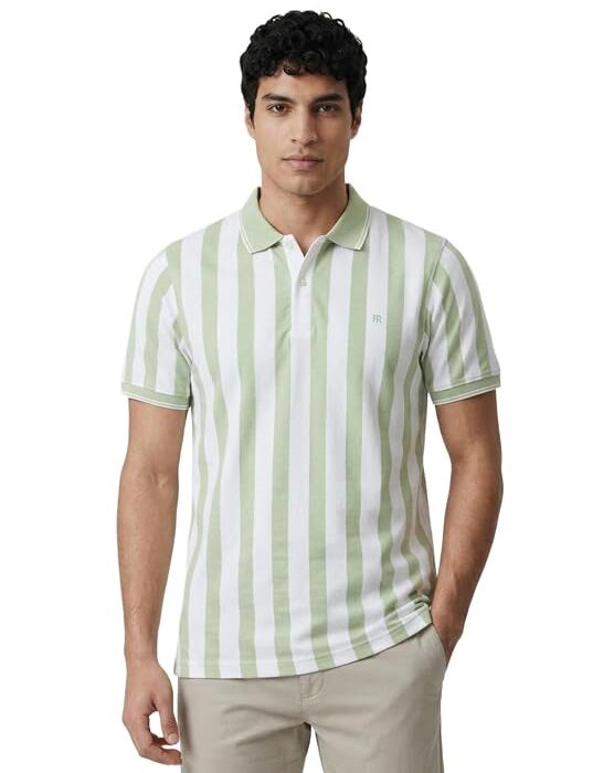 Men Modern Fit Stripe Pattern Pure Cotton Polo Neck Half Sleeve Casual T-Shirt