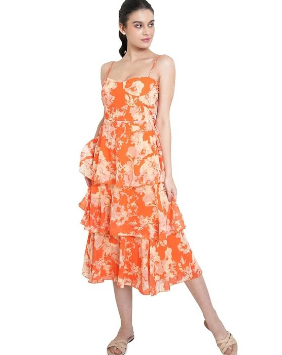 PURVAJA Women’s Layered Below Knee Length Dress