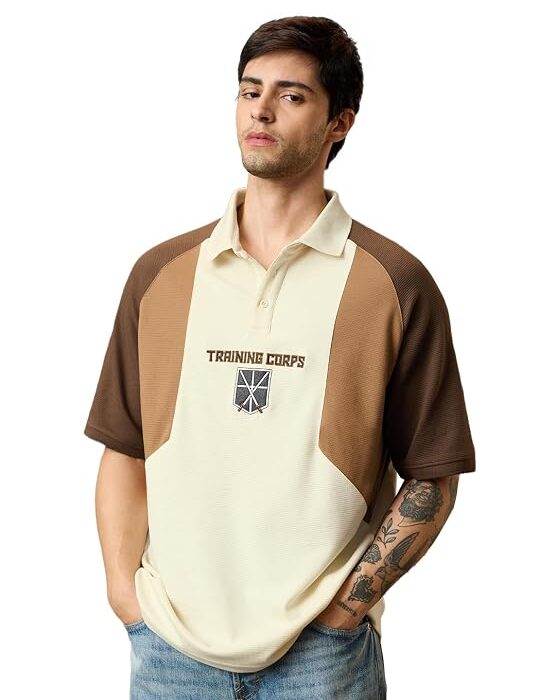 Training Corps Men and Boys Short Sleeve Polo Neck Brown Colour Block Cotton Blend Breathable Lightweight Drop Shoulder Oversized Polos