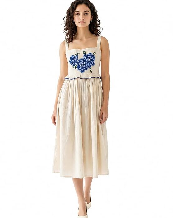 Women's Fit & Flared Midi Length Sleeveless V-Neck Solid Dress