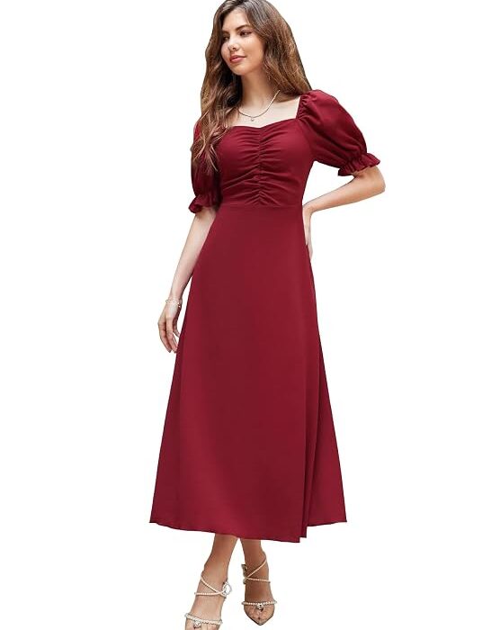 Girl's & Women's Solid A-Line Ruched Puff Sleeve Maxi Long Evening One Piece Long Dress
