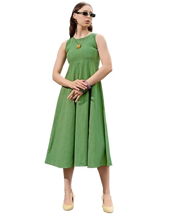 PURVAJA Women's Fit & Flare Midi Sleeveless Solid Dress