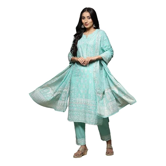 BIBA Women Cotton Straight Kurta Pants Suit Set