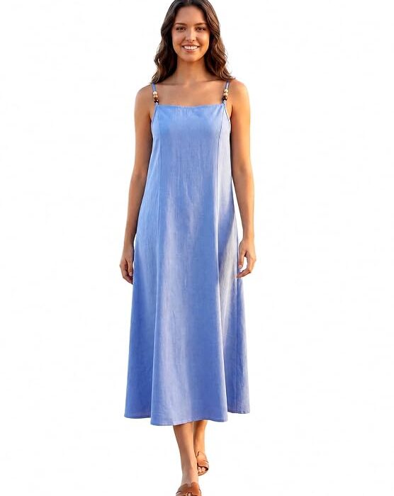 Women's Fit & Flared Midi Sleeveless Square Solid Dress