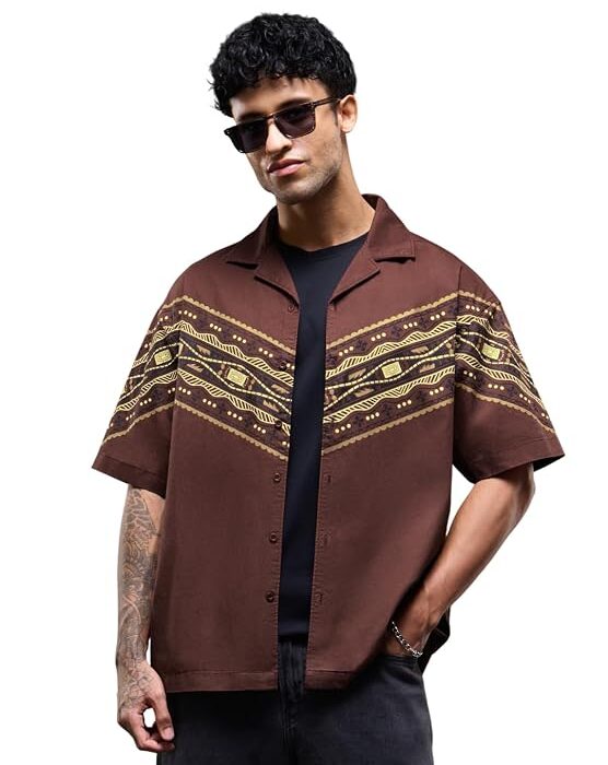 Cassette Men and Boys Short Sleeves Cuban Collar Brown Printed Cotton Drop Shoulder Lightweight Everyday Streetwear Casual Oversized Shirt