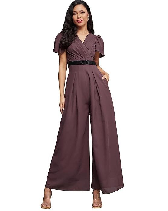 Miss Chase Women's Solid Relaxed Fit Short Sleeve V-Neck Jumpsuit with Pockets